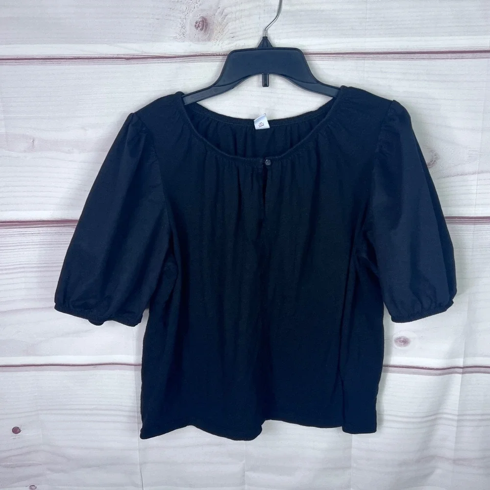 Old Navy Top Women L Black Puff Sleeve Blouse Keyhole Neck Cotton Solid Pullover